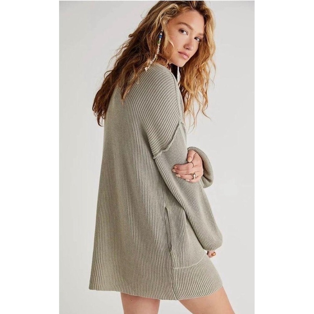 Free People Beach Ribbed Knit Polo Mini Dress Taupe Sage Green Henley Large - Picture 2 of 9